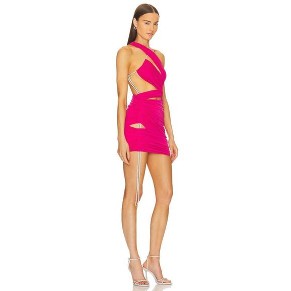 Revolve Michael Costello Marley Midi Dress pink one shoulder cut outs crystals